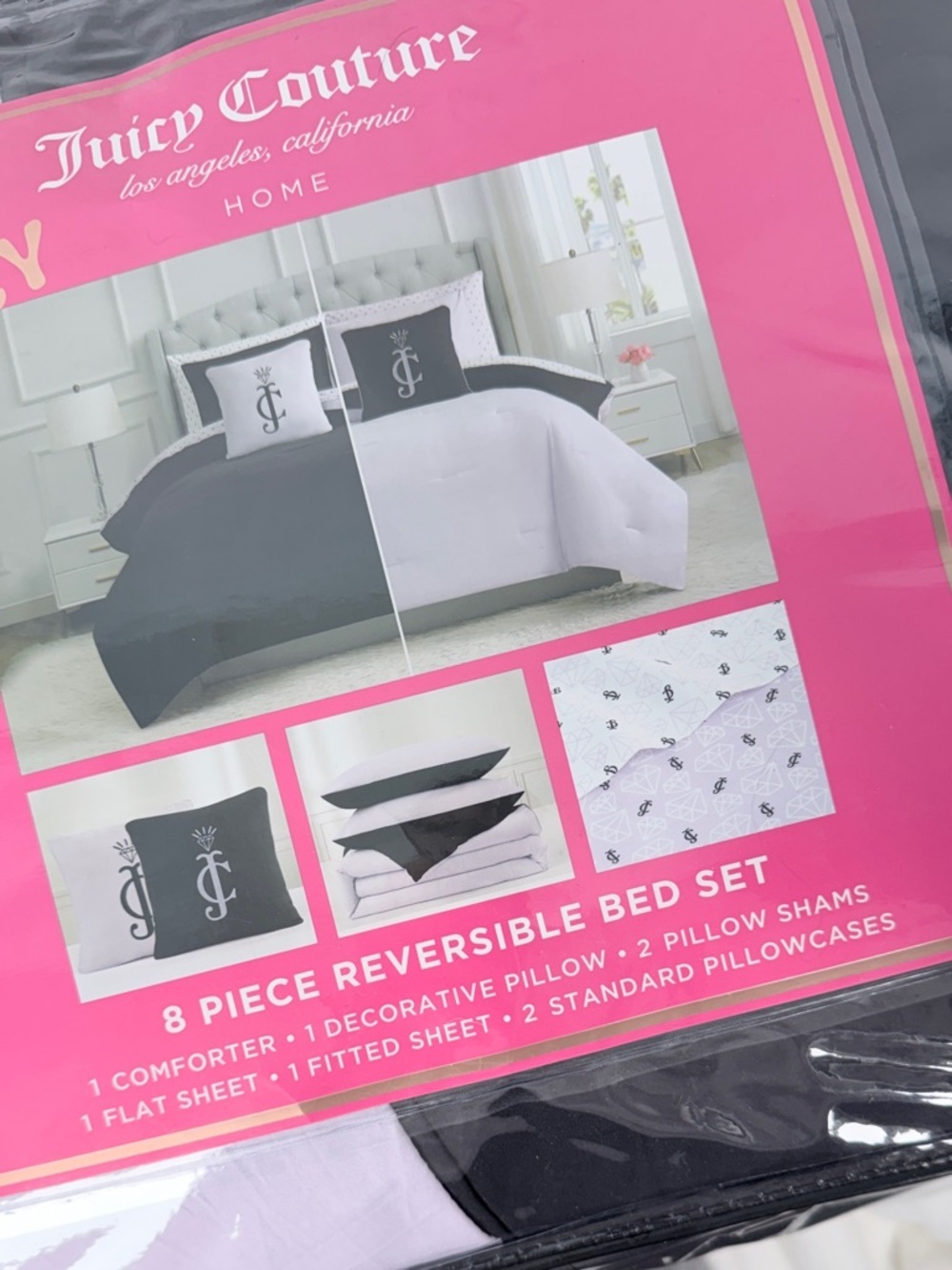 Juicy Couture Queen Reversible Bedding Set 8 Piece Comforter Sheet Set Glam - Picture 8 of 9